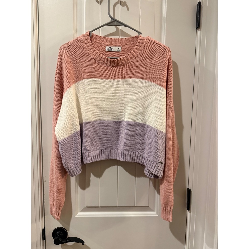 Hollister California Pink Cream Purple Colorblock Cropped Knit Sweater Small